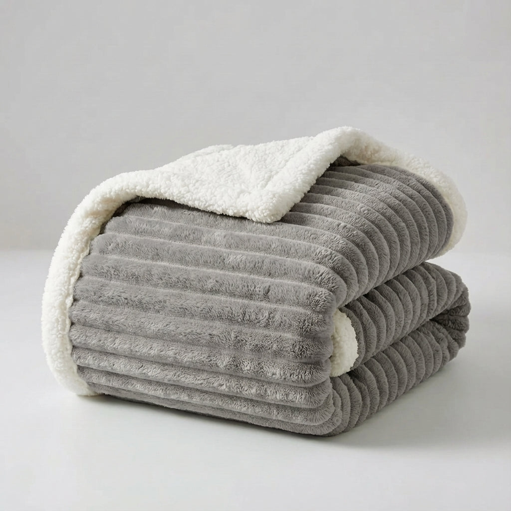 Thick plush throw blanket with soft pile and rib texture