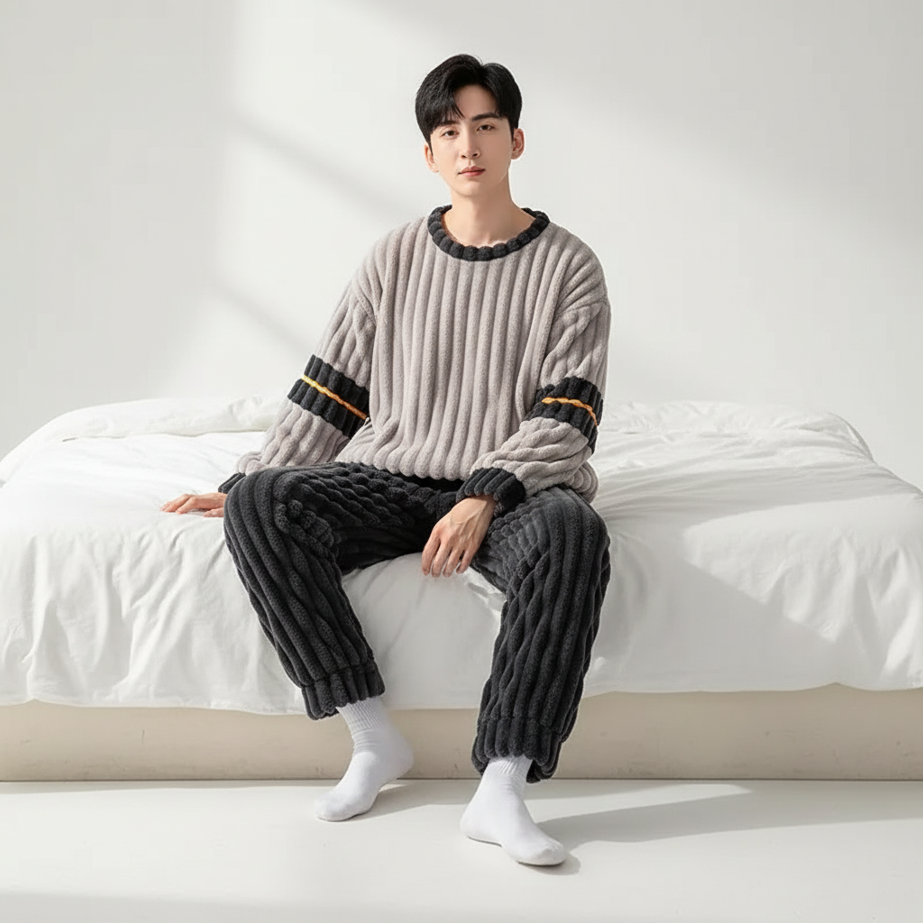 Men's thick warm pyjama set with plush thermal fabric and long sleeves