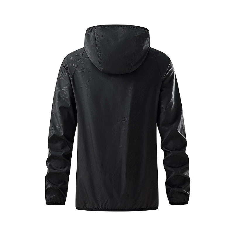 Lightweight hooded windbreaker with water-repellent fabric and packable design