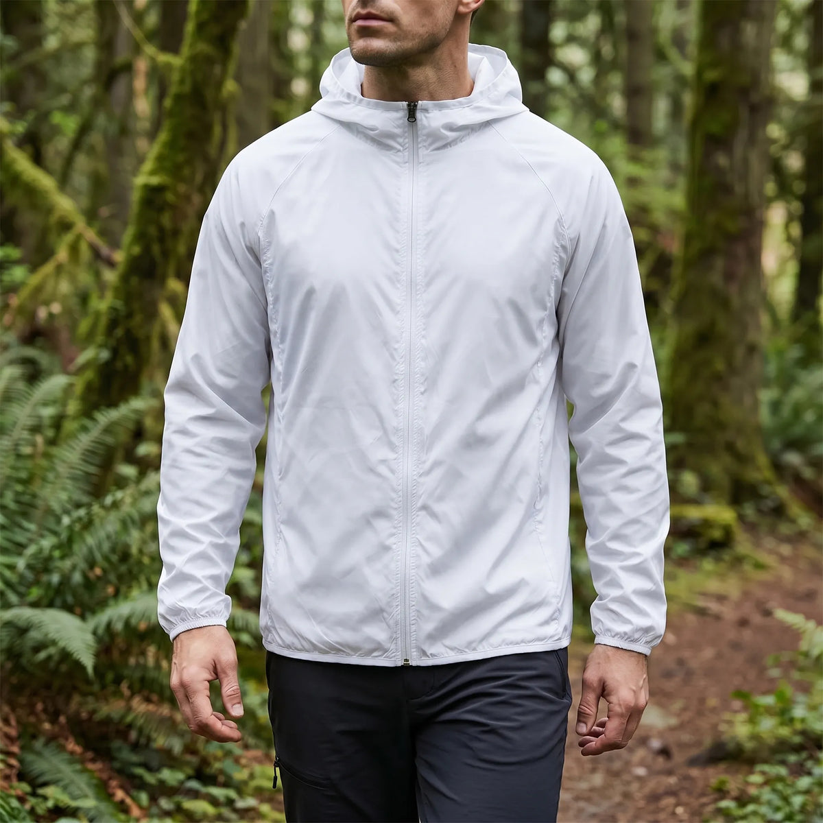 Lightweight hooded windbreaker with water-repellent fabric and packable design