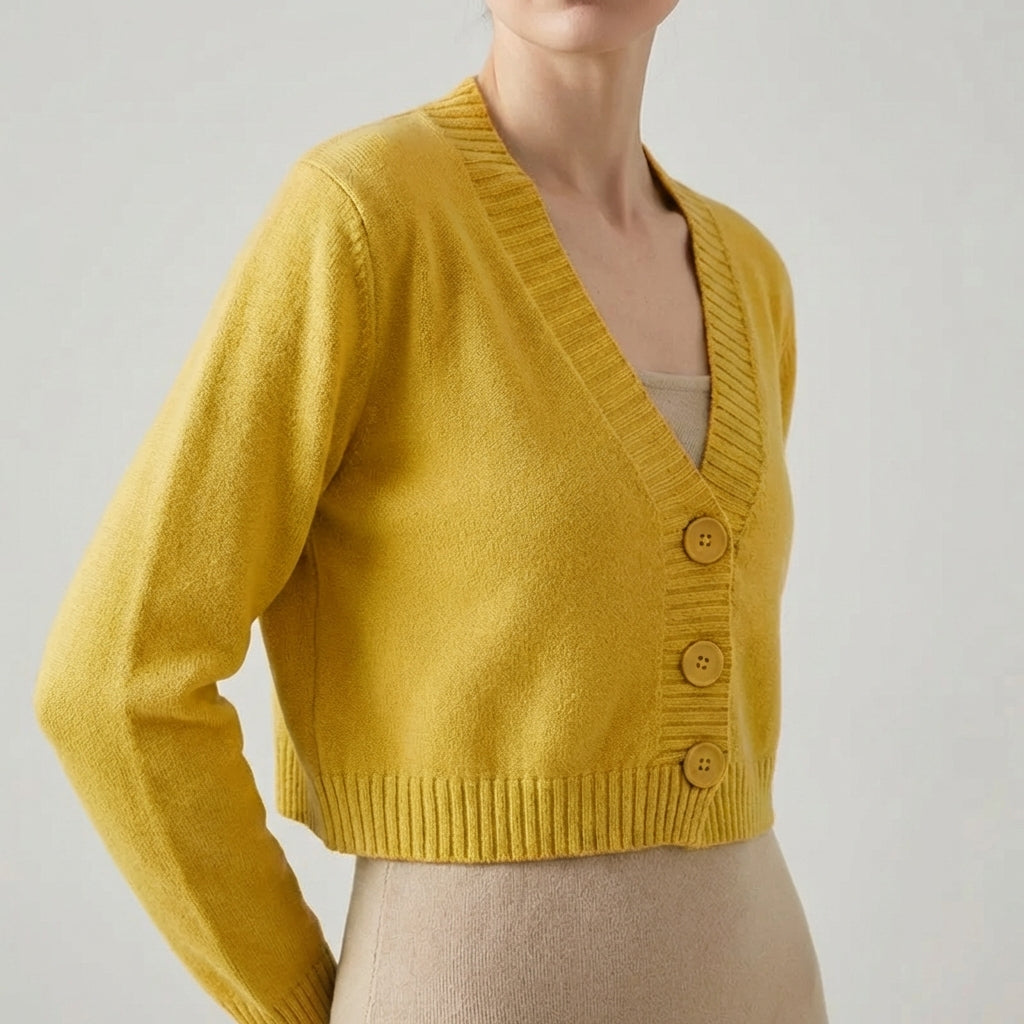 Cropped V-neck cardigan with lightweight textured fabric and ribbed trim