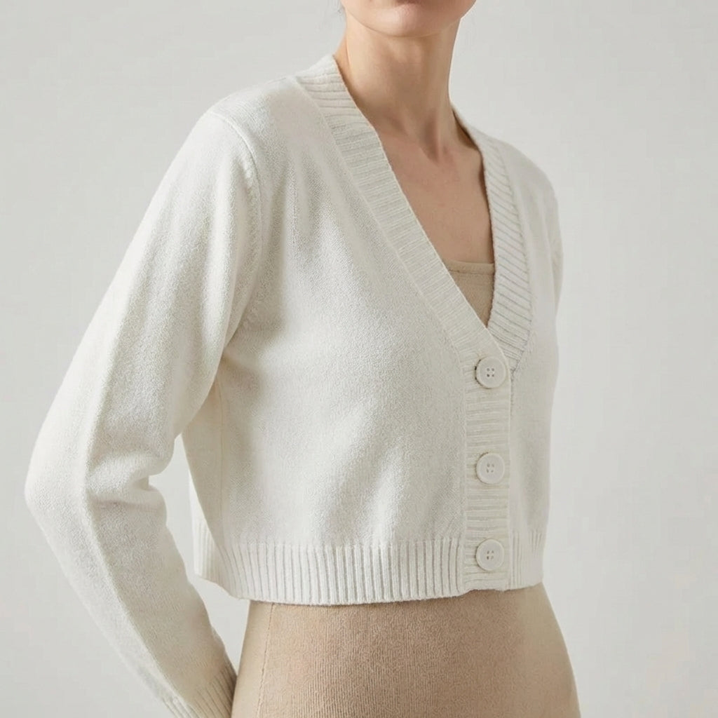 Cropped V-neck cardigan with lightweight textured fabric and ribbed trim