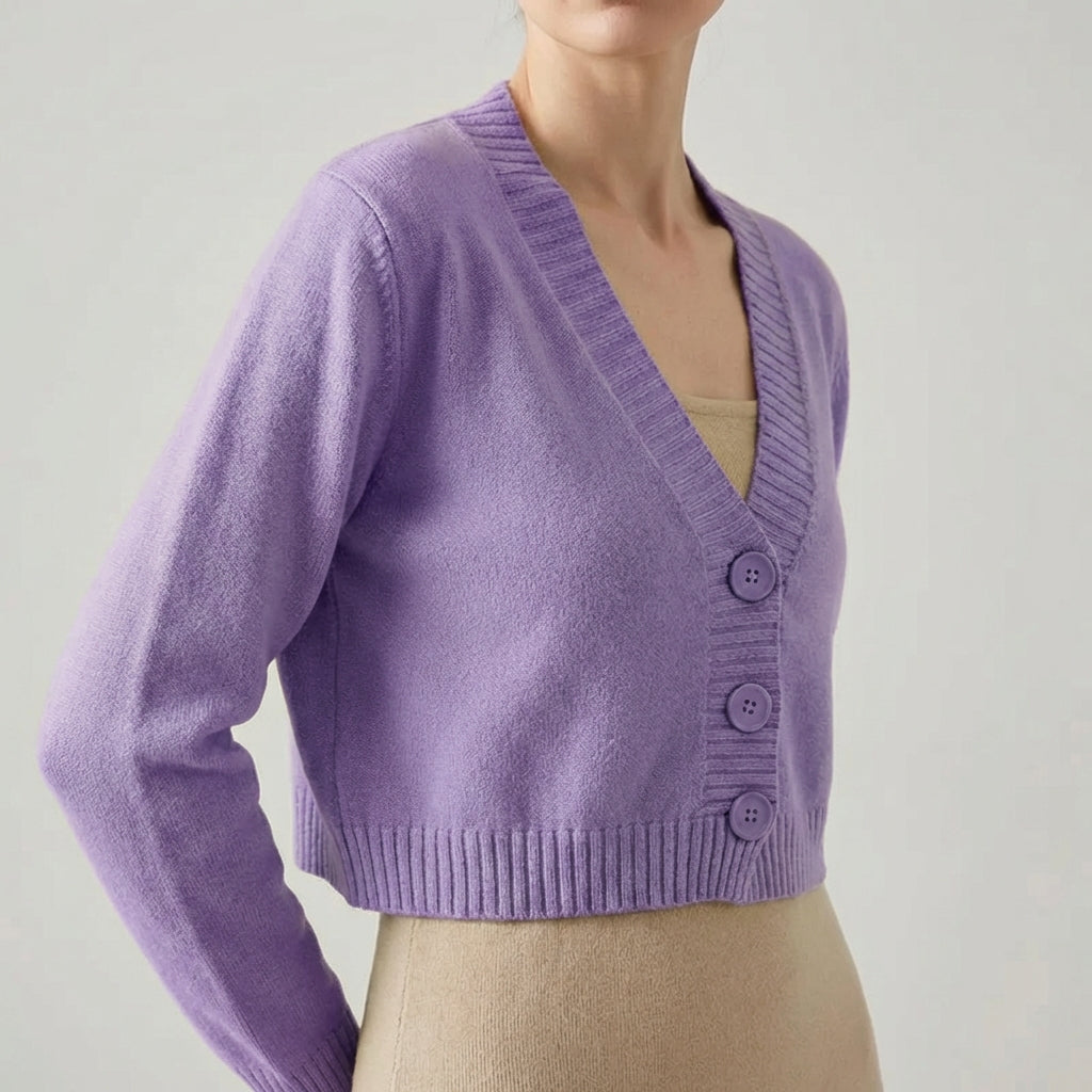 Cropped V-neck cardigan with lightweight textured fabric and ribbed trim