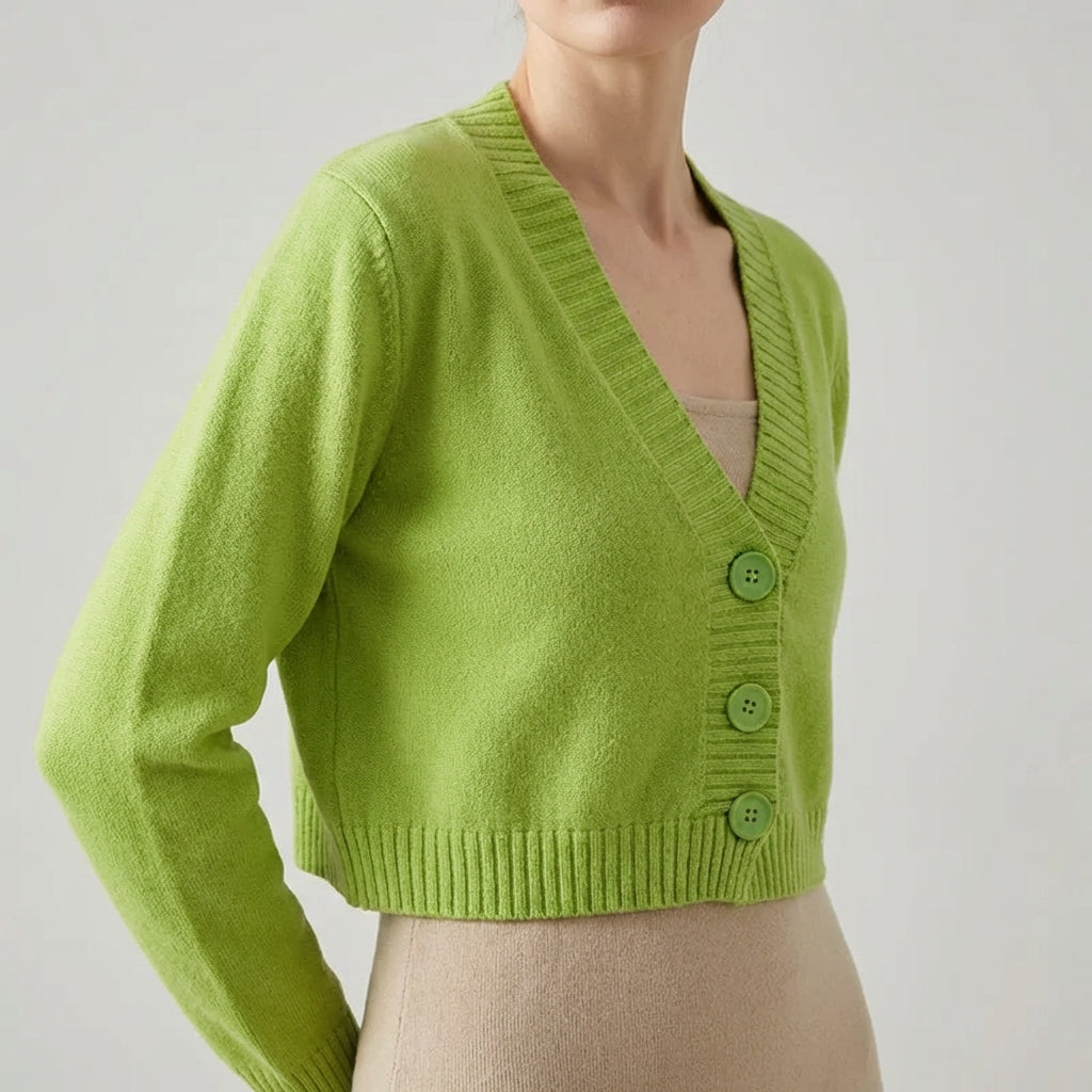 Cropped V-neck cardigan with lightweight textured fabric and ribbed trim