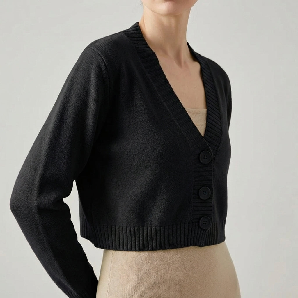 Cropped V-neck cardigan with lightweight textured fabric and ribbed trim