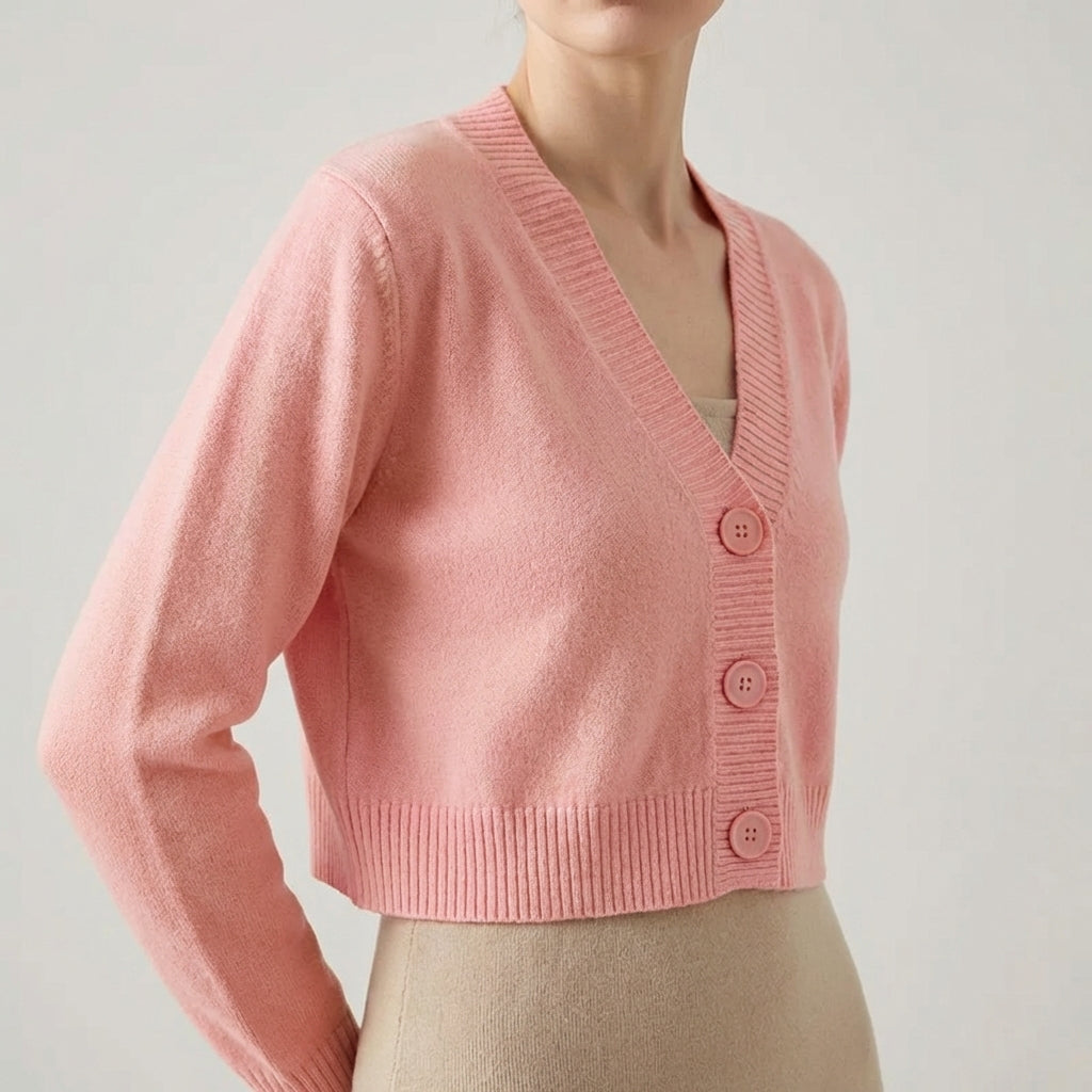 Cropped V-neck cardigan with lightweight textured fabric and ribbed trim