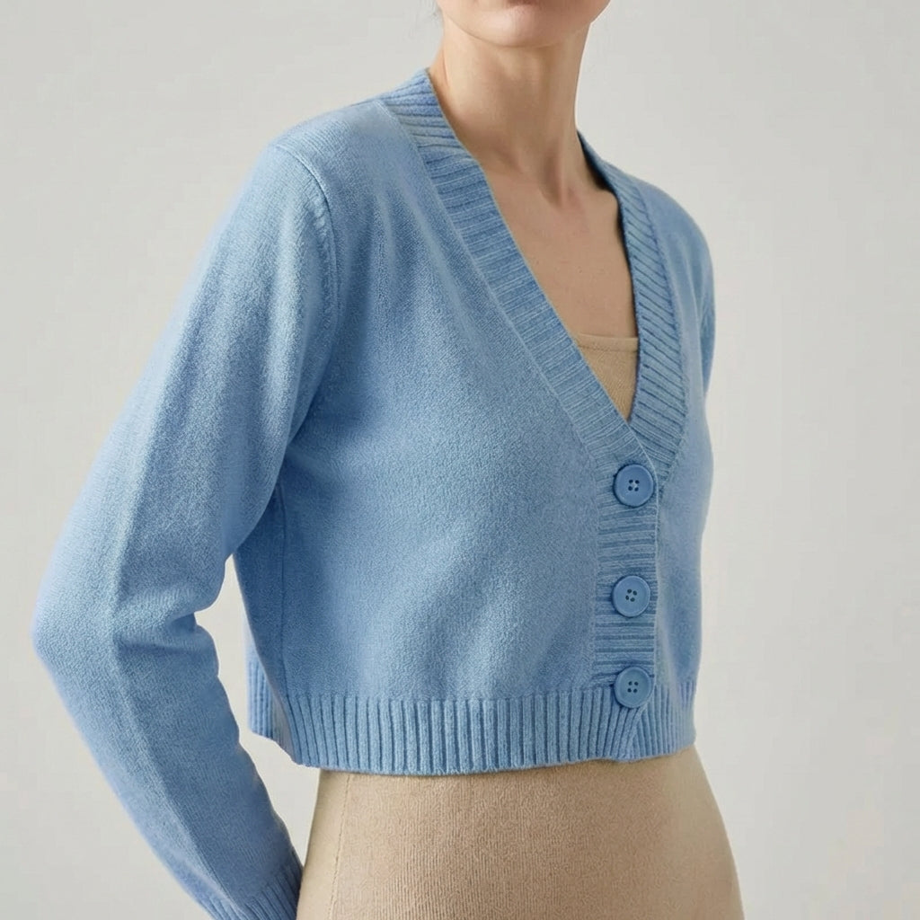 Cropped V-neck cardigan with lightweight textured fabric and ribbed trim