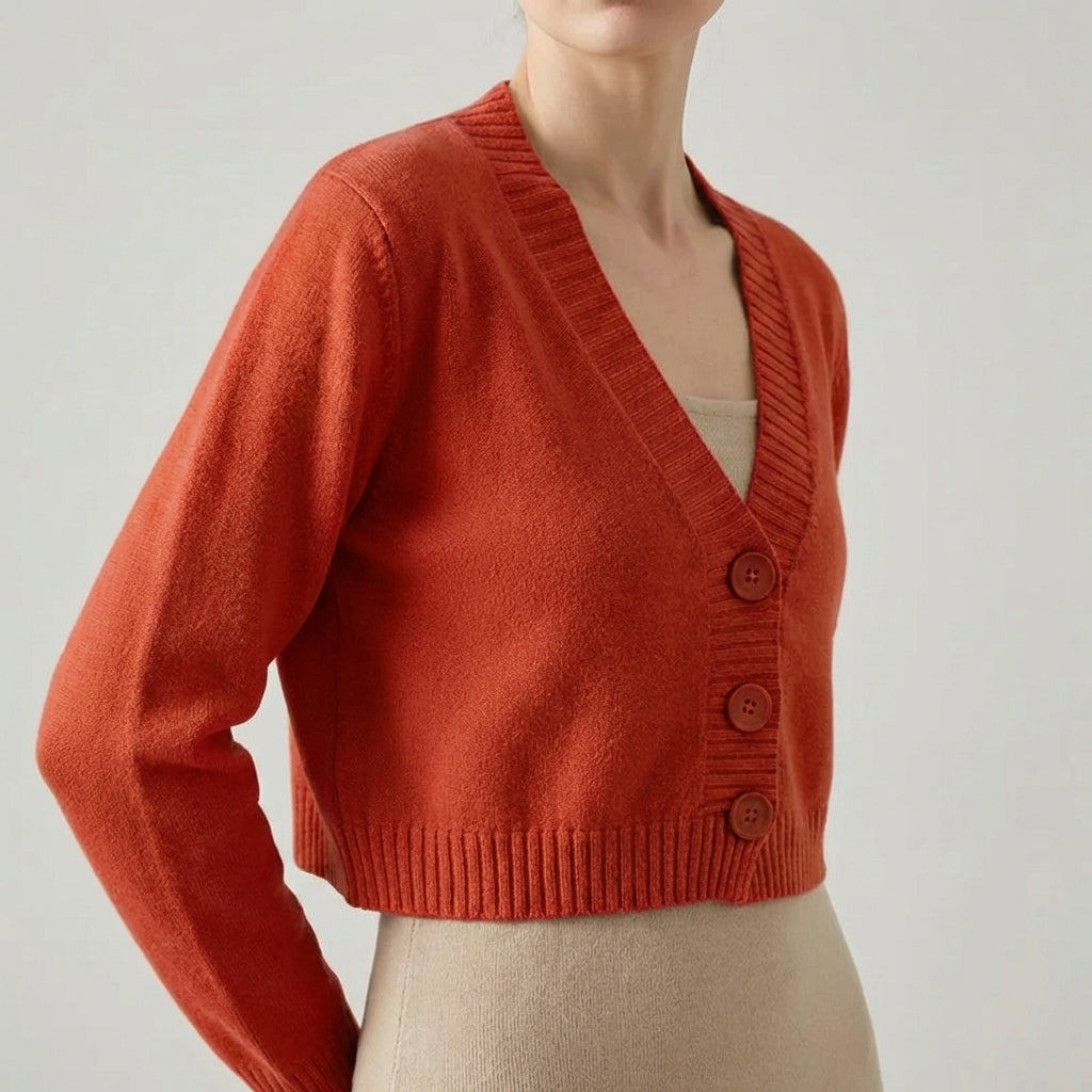Cropped V-neck cardigan with lightweight textured fabric and ribbed trim