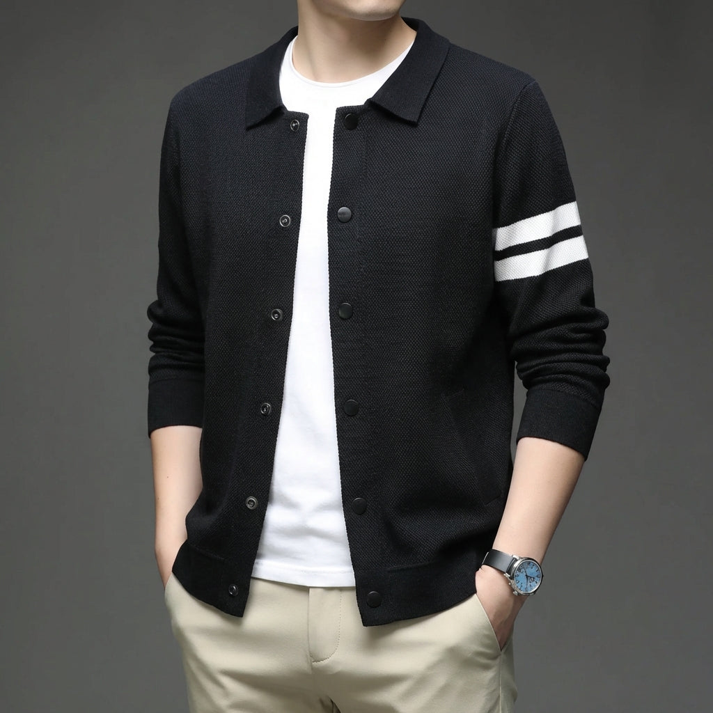 Men's collar cardigan sweater with relaxed fit and sleeve stripe detail