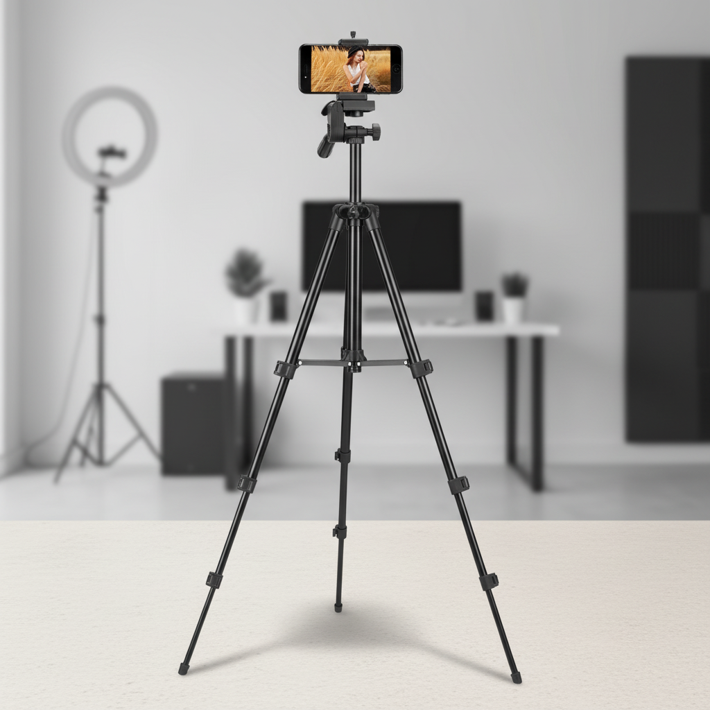 Lightweight aluminium camera tripod with phone holder