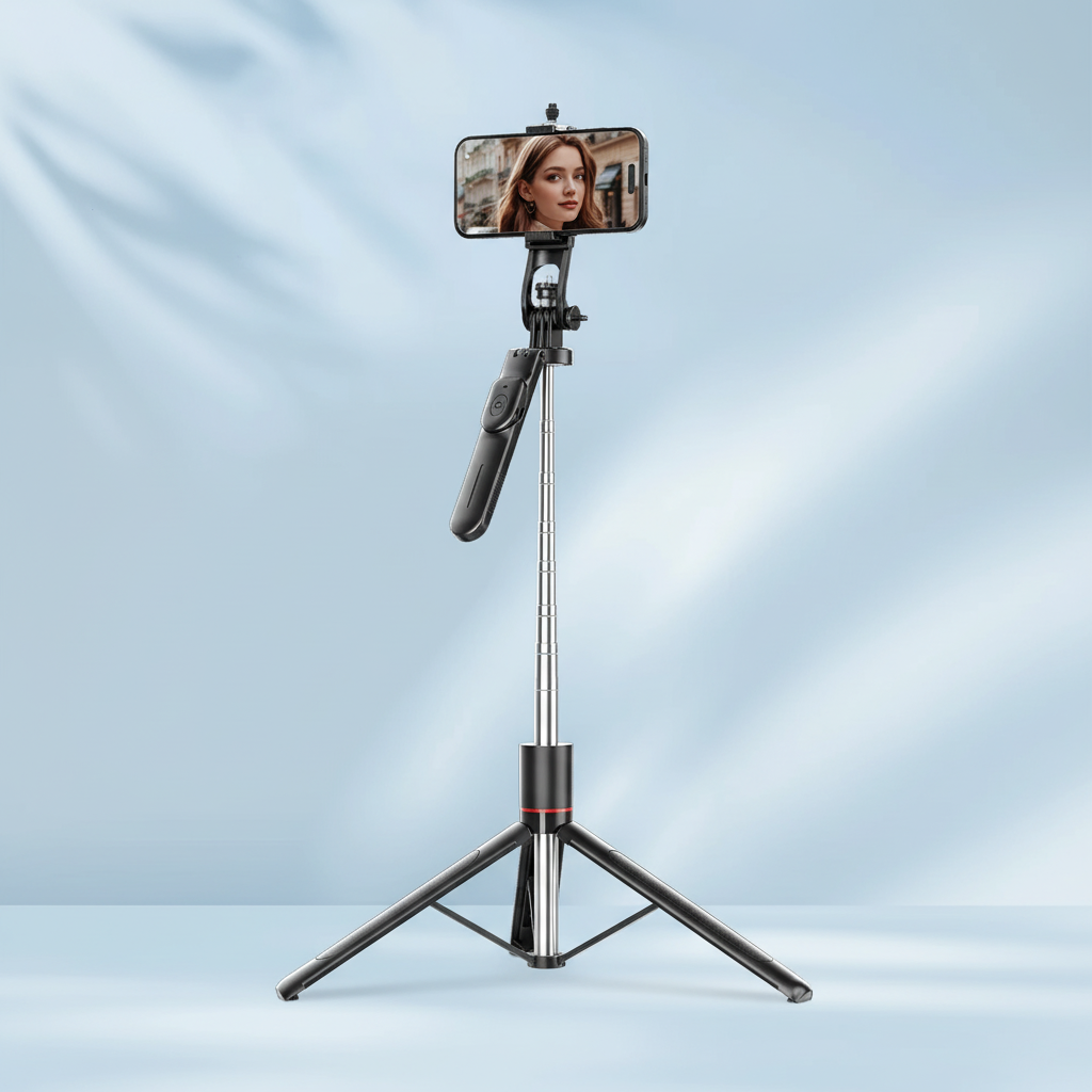 Extendable selfie stick tripod with Bluetooth remote and 360-degree rotating head