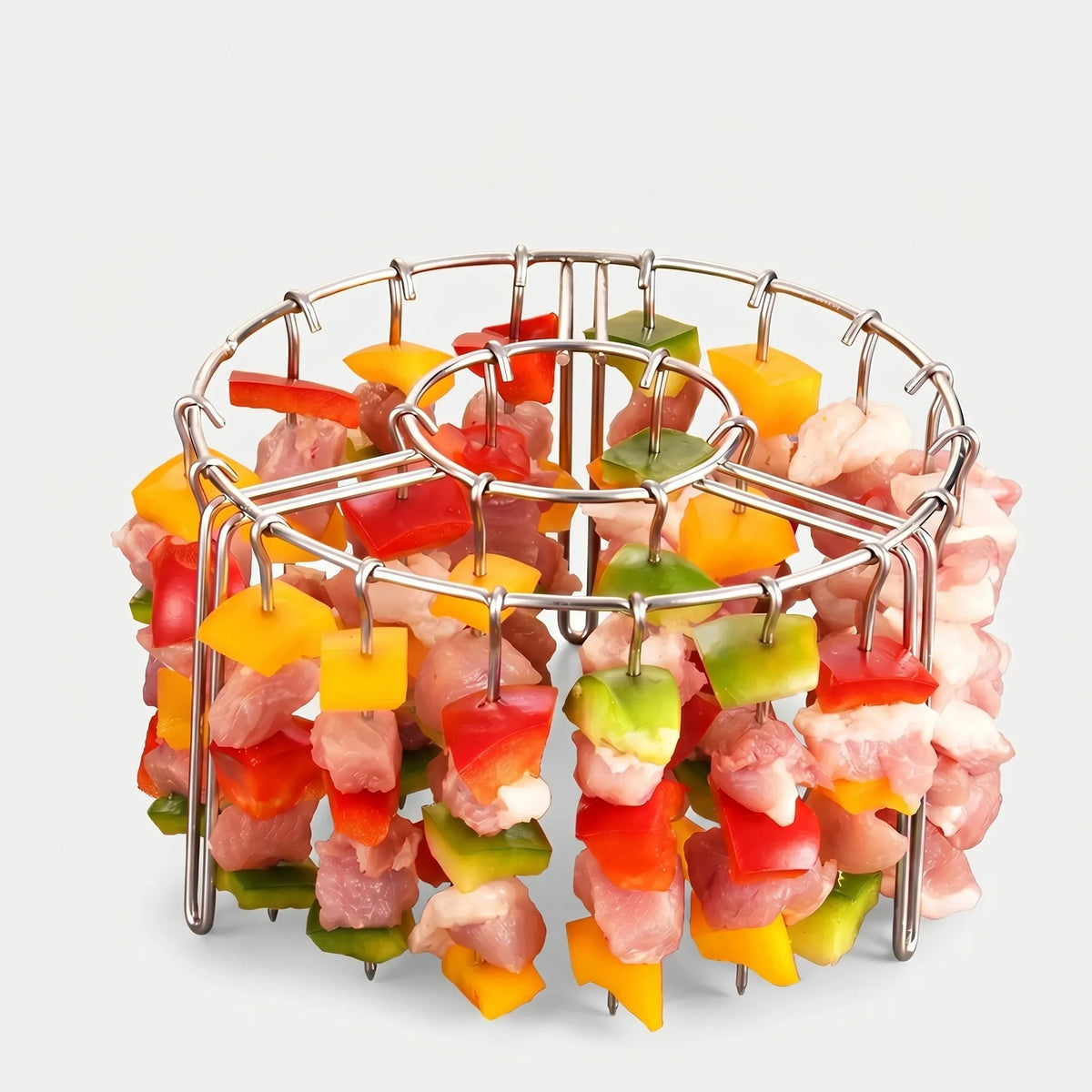 Vertical skewer rack with hanging hooked rods for air fryer and oven cooking