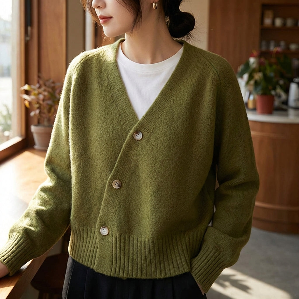 Asymmetric V neck cardigan with skew button front and ribbed hem