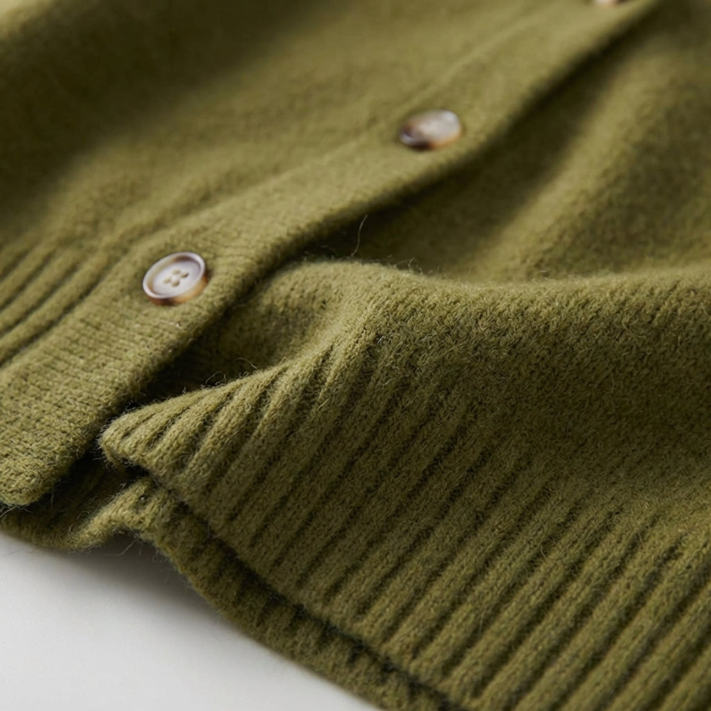Asymmetric V neck cardigan with skew button front and ribbed hem