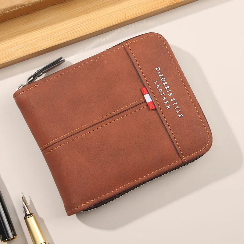 Compact horizontal zip wallet with organised card pockets and retro buckle detail