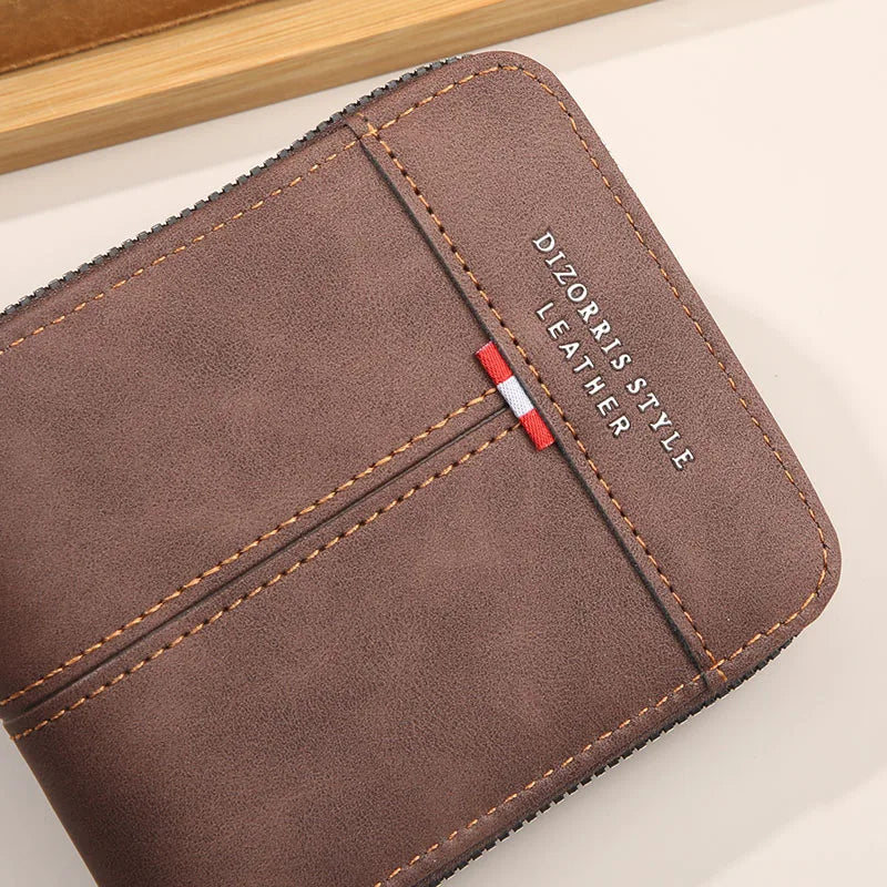 Compact horizontal zip wallet with organised card pockets and retro buckle detail