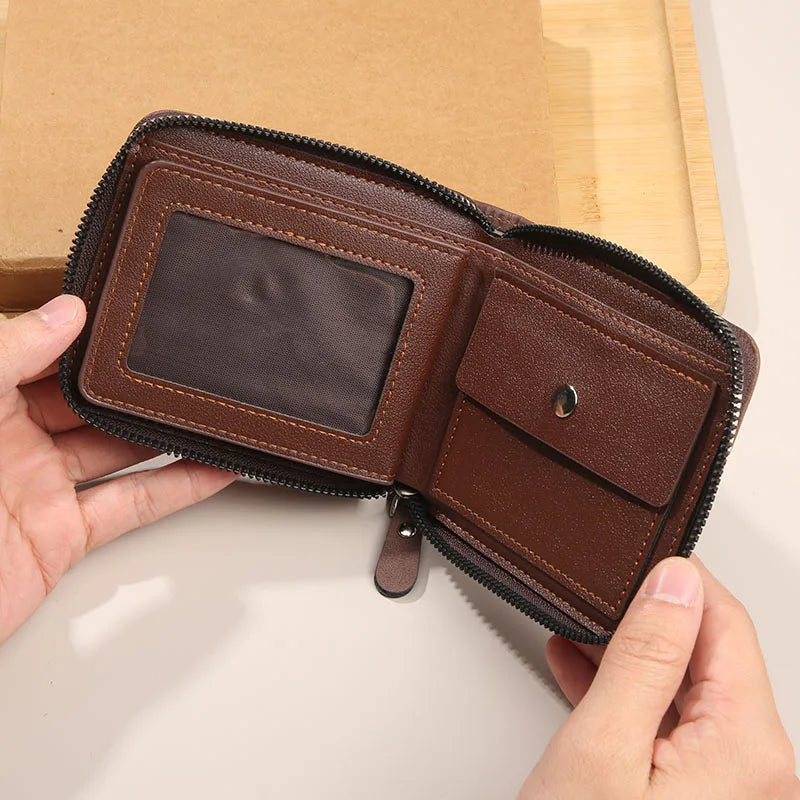 Compact horizontal zip wallet with organised card pockets and retro buckle detail