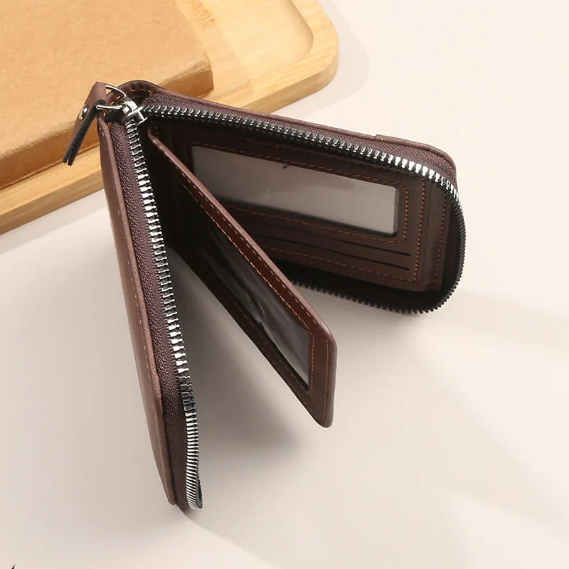 Compact horizontal zip wallet with organised card pockets and retro buckle detail