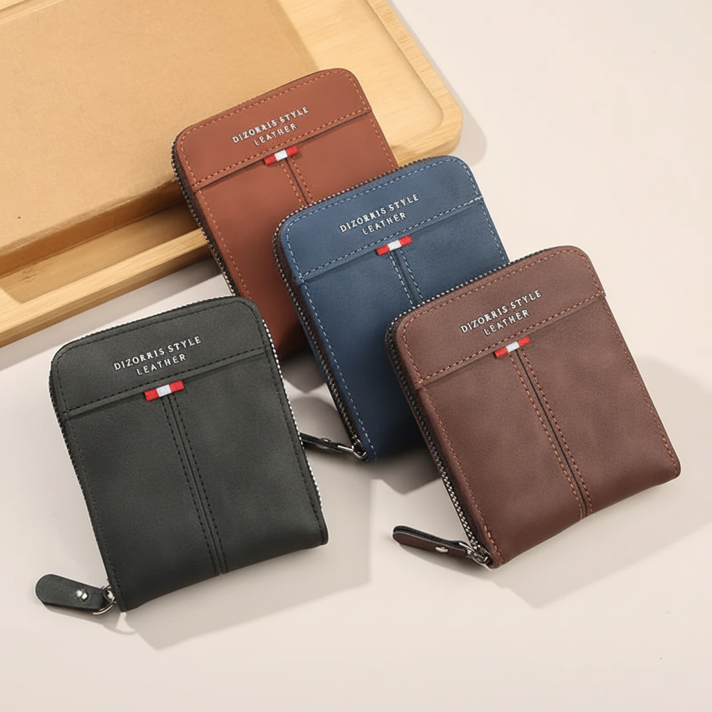 Compact horizontal zip wallet with organised card pockets and retro buckle detail