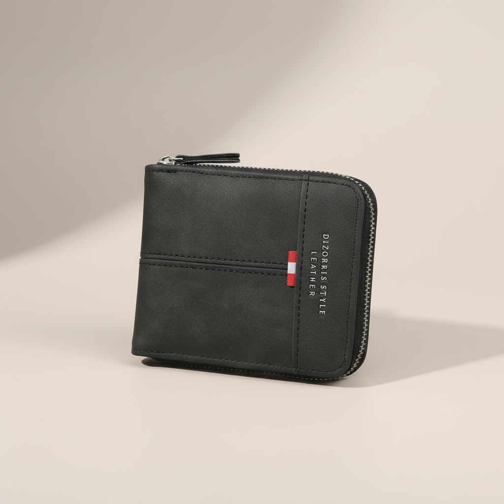 Compact horizontal zip wallet with organised card pockets and retro buckle detail