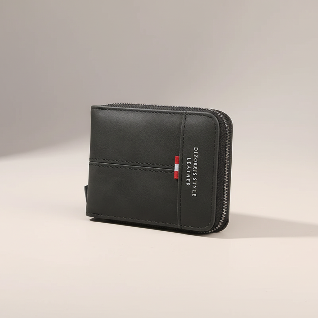 Compact horizontal zip wallet with organised card pockets and retro buckle detail