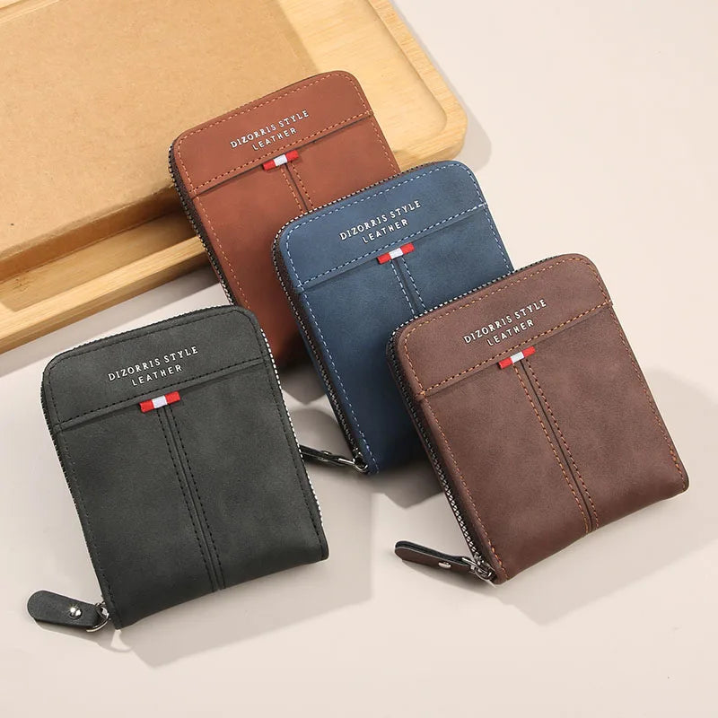 Compact horizontal zip wallet with organised card pockets and retro buckle detail