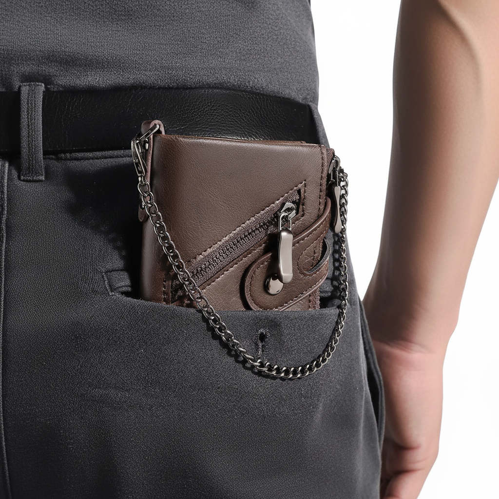 Vintage chain wallet with RFID blocking and multiple zipper compartments