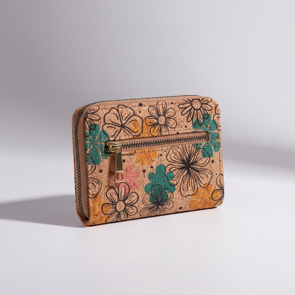 Compact zippered card wallet with vintage-inspired pattern and multiple card slots