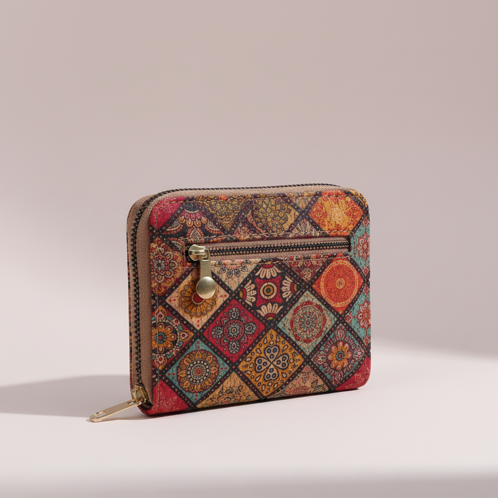 Compact zippered card wallet with vintage-inspired pattern and multiple card slots