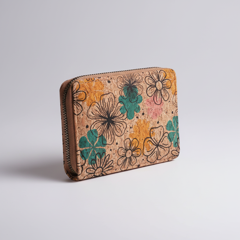 Compact zippered card wallet with vintage-inspired pattern and multiple card slots
