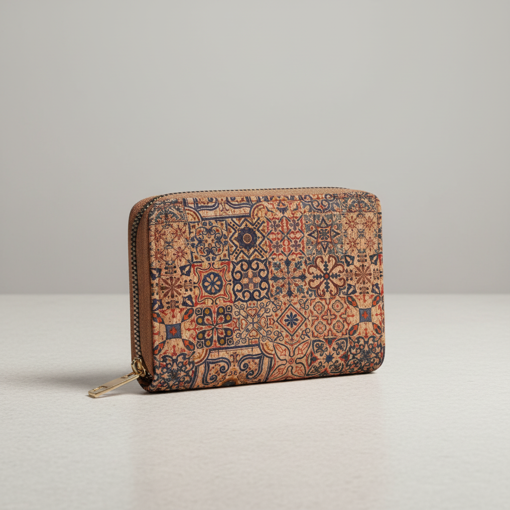 Compact zippered card wallet with vintage-inspired pattern and multiple card slots