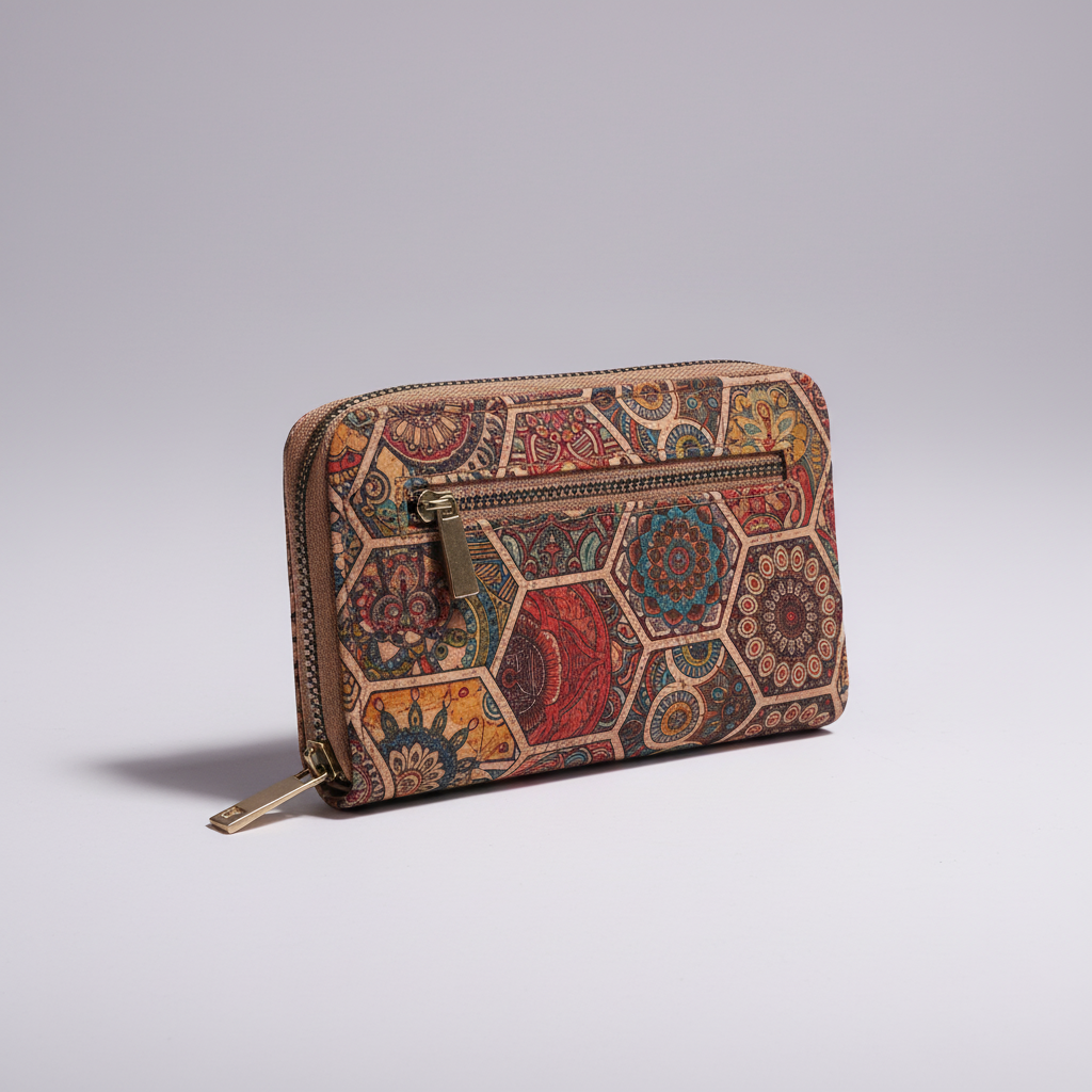 Compact zippered card wallet with vintage-inspired pattern and multiple card slots