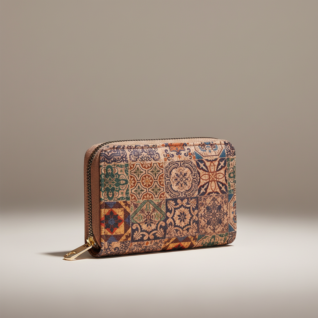 Compact zippered card wallet with vintage-inspired pattern and multiple card slots