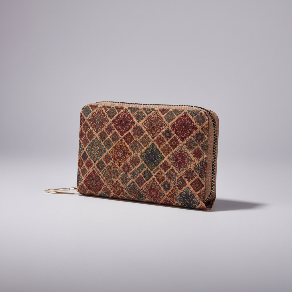 Compact zippered card wallet with vintage-inspired pattern and multiple card slots