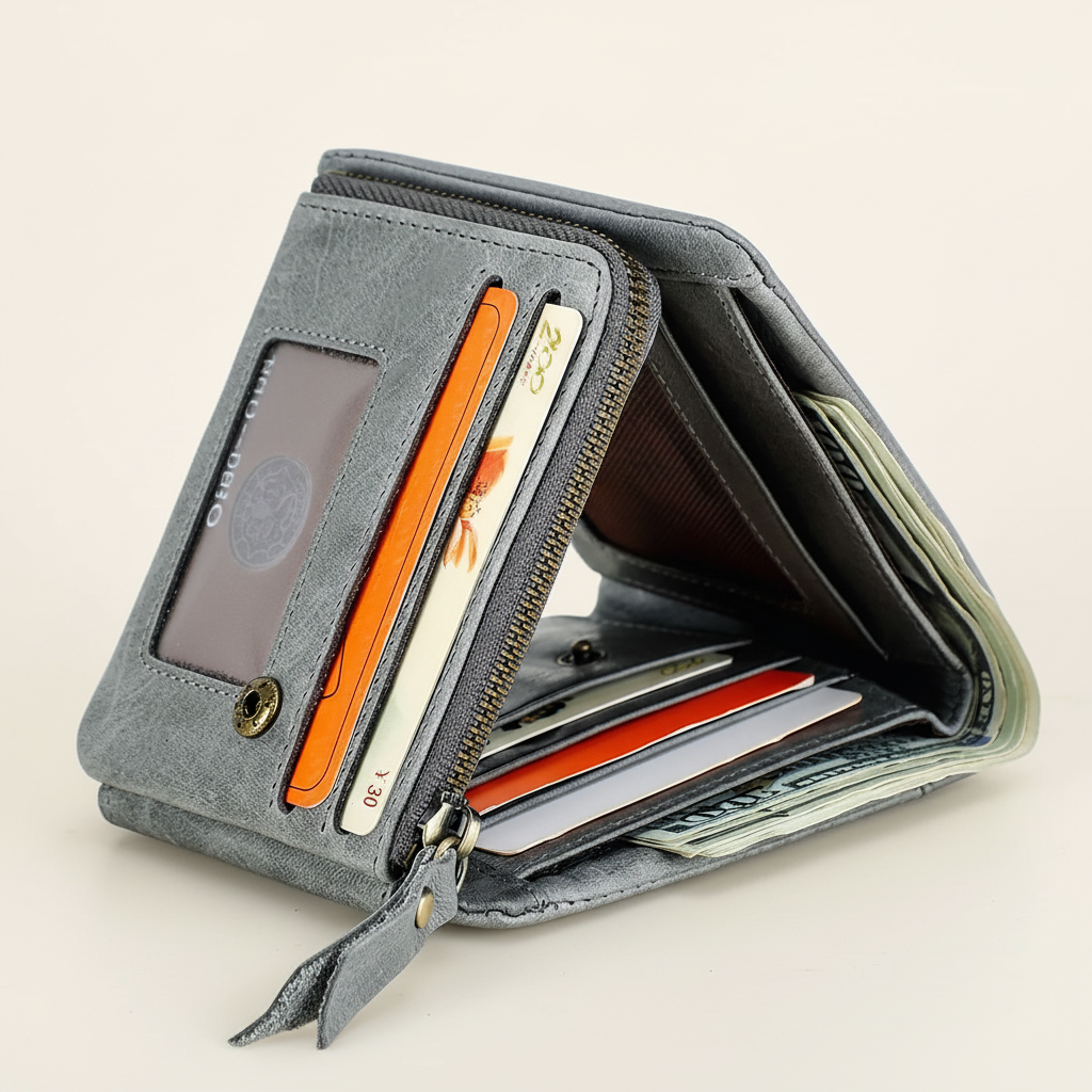 Vintage trifold wallet with zip coin pocket and card slots