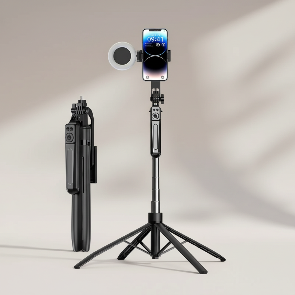 Collapsible smartphone tripod with Bluetooth shutter remote control and stable base