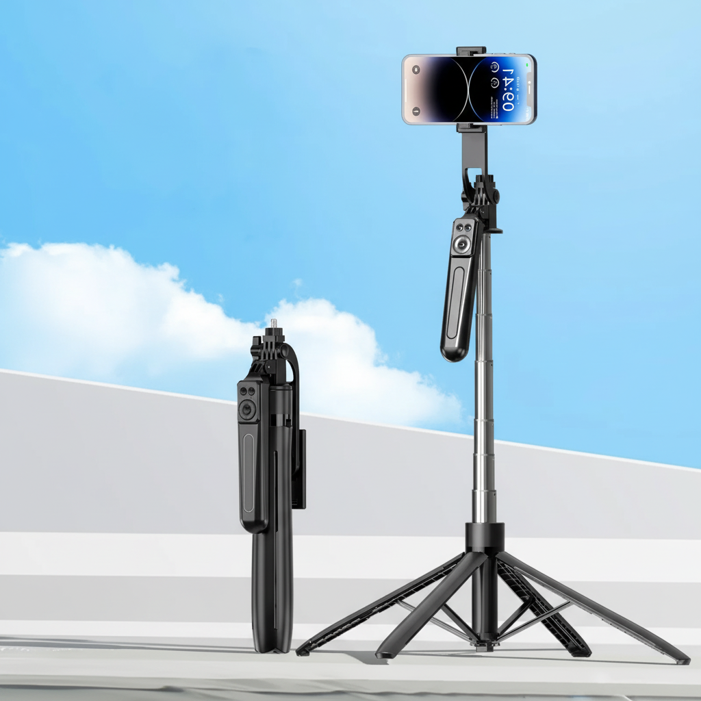 Collapsible smartphone tripod with Bluetooth shutter remote control and stable base