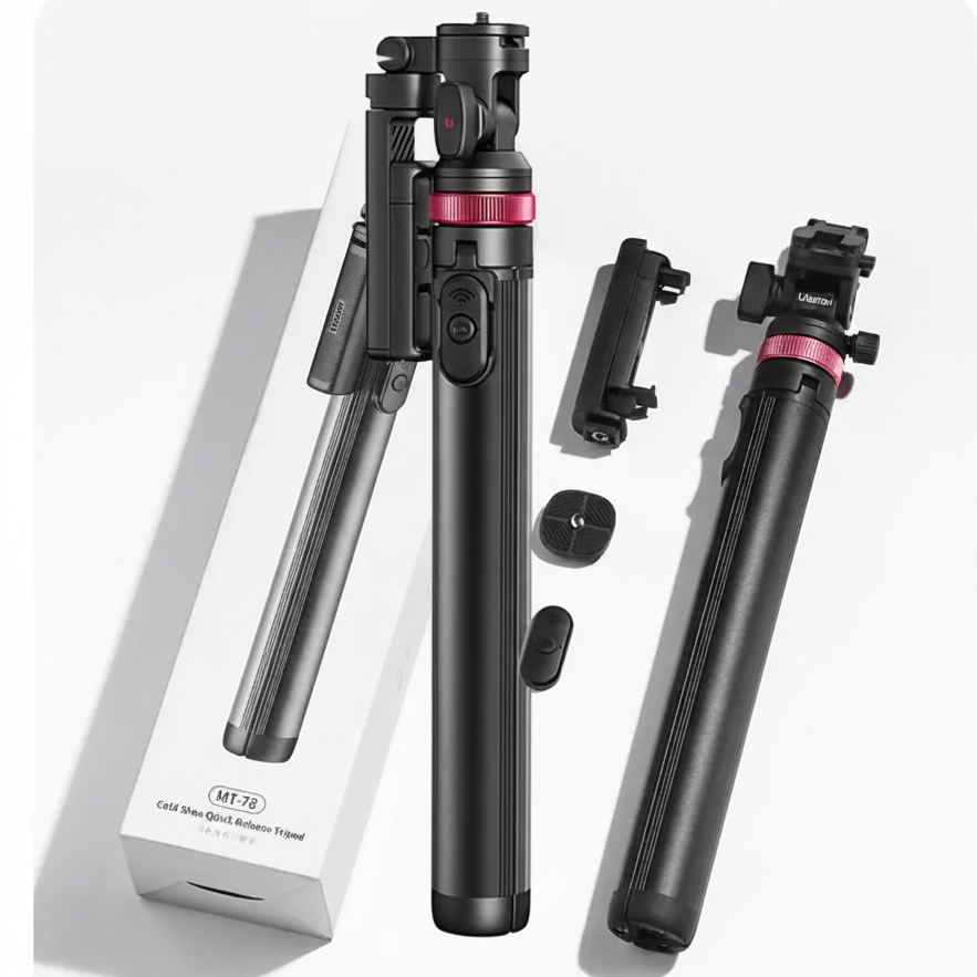 Lightweight aluminium travel tripod with quick-release plate and 360-degree rotation