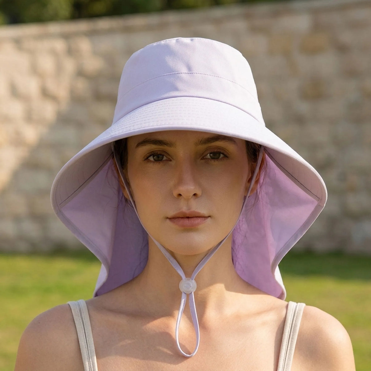 Wide brim summer hat with extended neck flap and adjustable chin strap