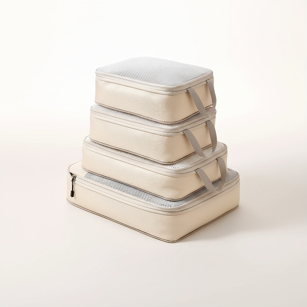 Three piece compression packing cubes with mesh panels for travel organisation
