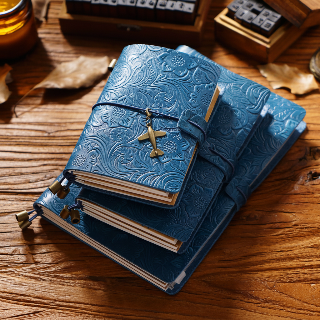 Handmade embossed travel journal with vintage design and secure closure