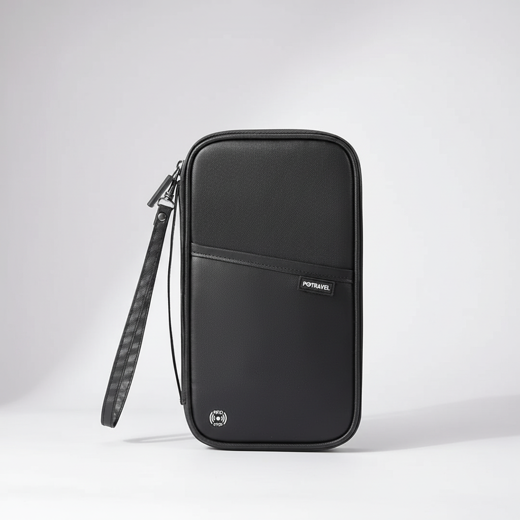 Compact travel organiser with RFID blocking for passport and cards