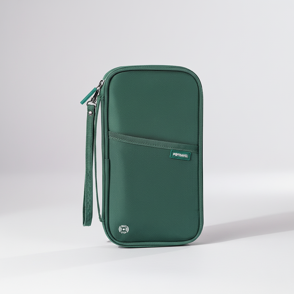 Compact travel organiser with RFID blocking for passport and cards