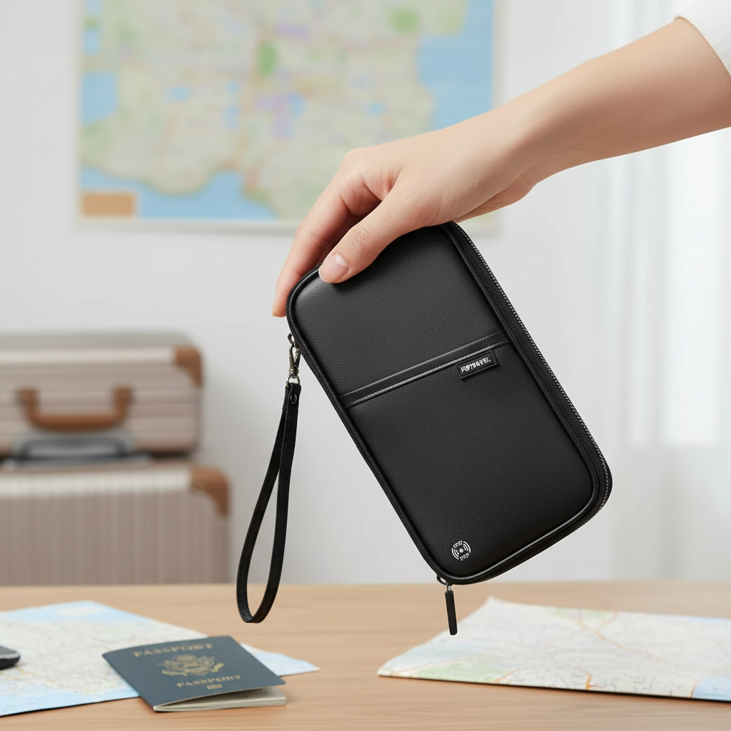 Compact travel organiser with RFID blocking for passport and cards