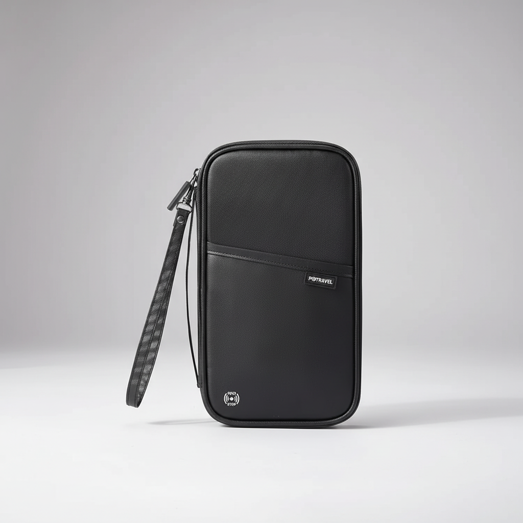 Compact travel organiser with RFID blocking for passport and cards