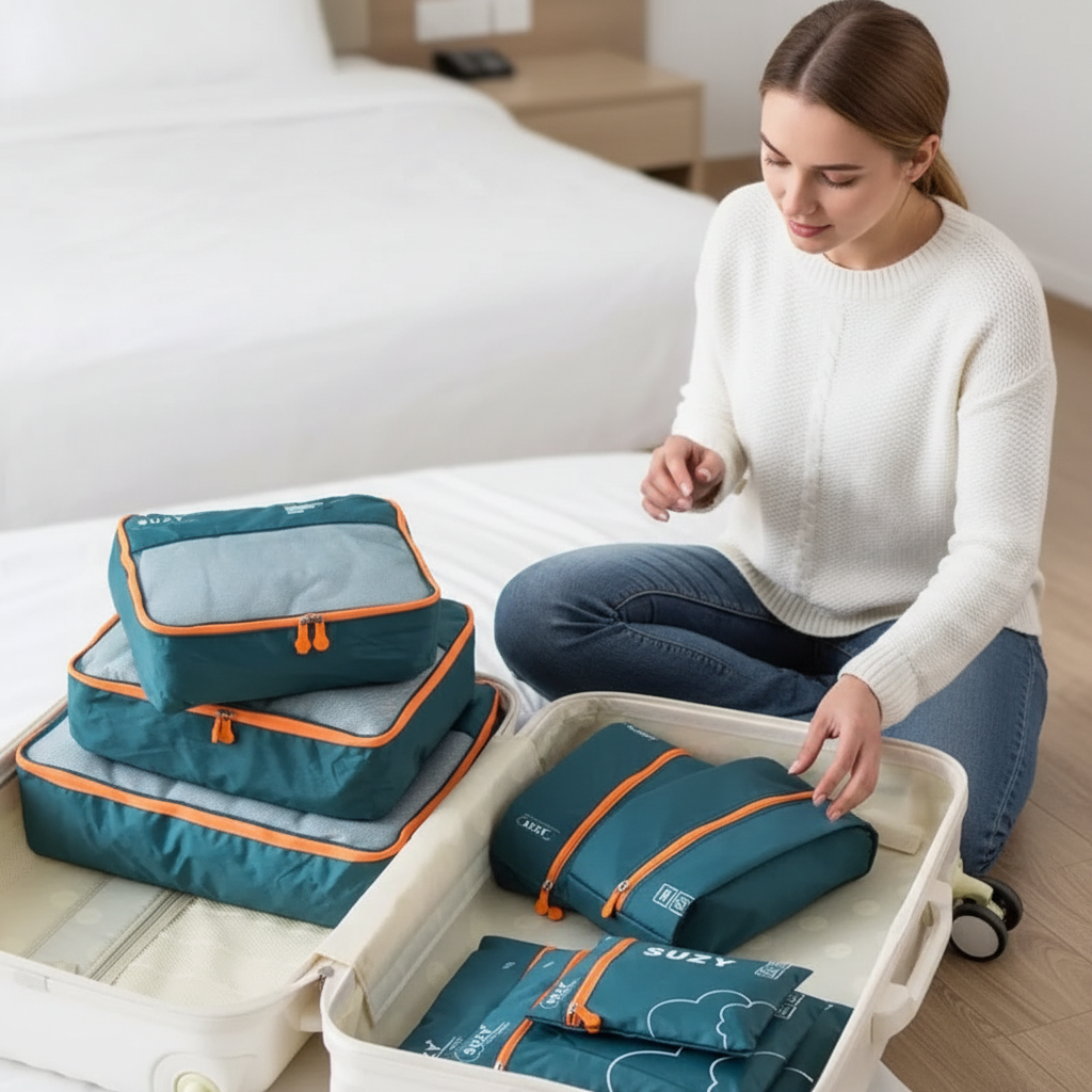 Waterproof packing cube set with mesh panels and zippered closures