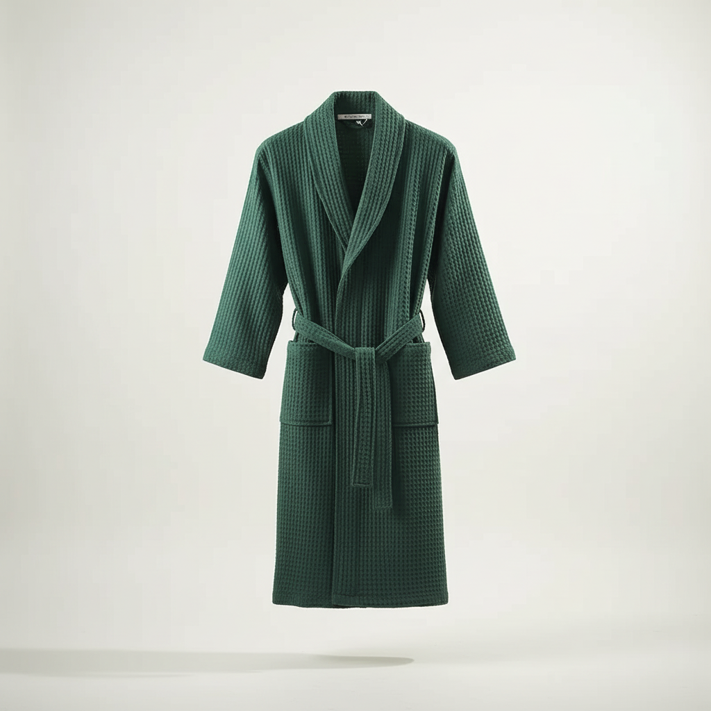 Lightweight waffle weave bathrobe with breathable fabric and calf-length design