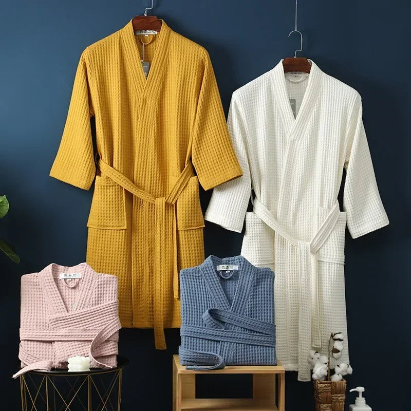 Lightweight waffle weave bathrobe with breathable fabric and calf-length design