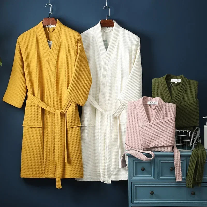 Lightweight waffle weave bathrobe with breathable fabric and calf-length design