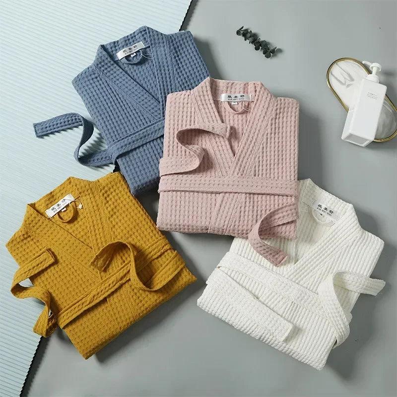Lightweight waffle weave bathrobe with breathable fabric and calf-length design
